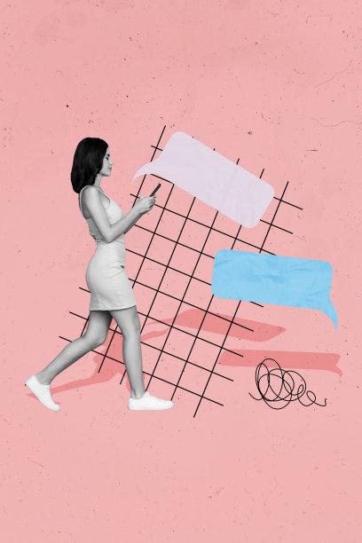 年轻女性手持智能手机，进行在线交流，聊天，社交媒体短信回复，发送信息的创意竖向照片拼贴。图片下载