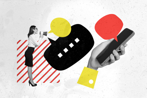 创意照片拼贴，年轻女商人用扩音器大声喊叫，文本框，智能手机应用，消息发送器图片下载