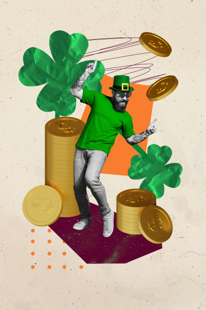 趋势艺术作品 3D 照片拼贴合成图，黑白剪影快乐年轻男子庆祝圣帕特里克节，伴随金钱云朵。图片下载