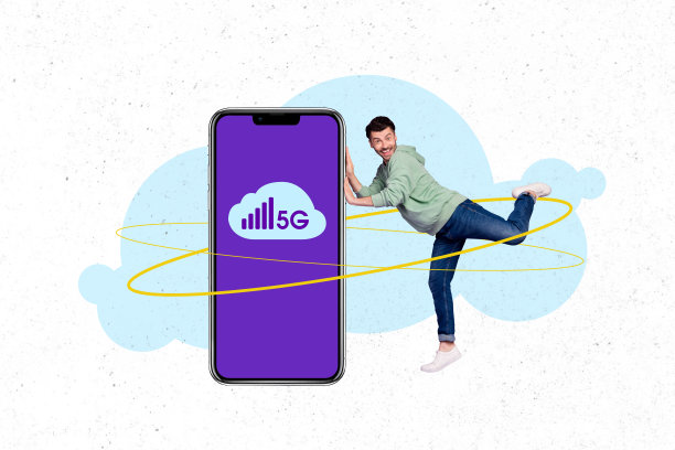 趋势艺术作品合成素描图像 3D 照片拼贴，年轻兴奋的男子手握巨型手机，5G 全球互联网连接图片下载