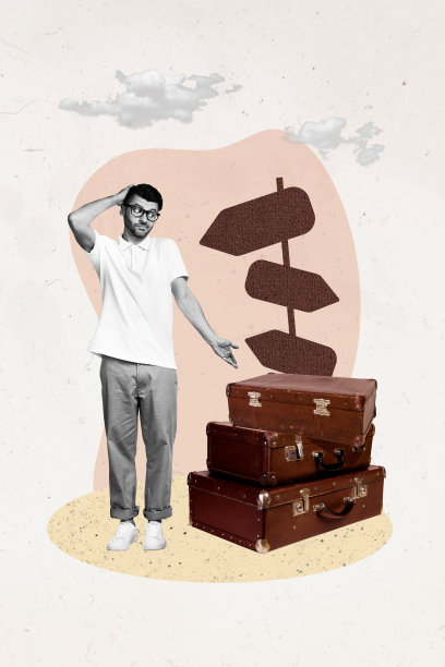 趋势艺术作品复合3D照片拼贴，三位不确定的黑人男性不知道该往哪里走，手指着沉重行李的方向箭头。图片下载