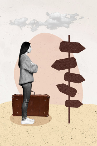 年轻女性站立在垂直的图片拼贴中，手持行李箱，面临迷路的困境，思考选择哪条道路，路标指示方向。图片下载