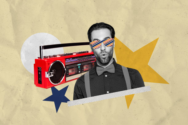 年轻疯狂的男人戴着搞笑眼镜，庆祝迪斯科派对活动，享受音乐播放器的欢乐娱乐，照片拼贴插图。图片下载