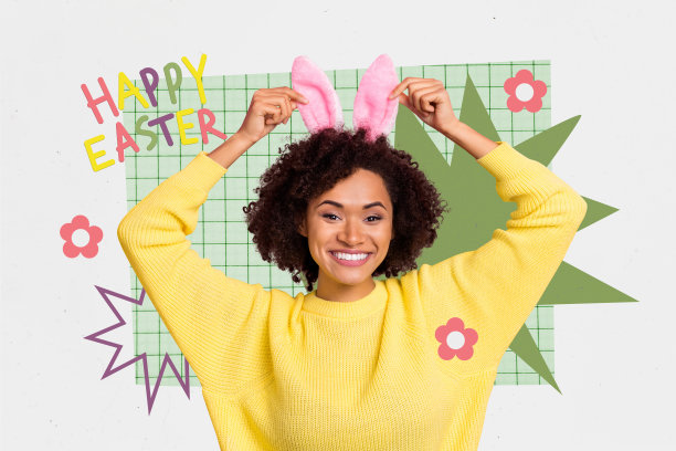 宣传册拼贴，展示快乐迷人的漂亮女性享受复活节庆祝主题派对服装，背景为手绘风格。图片下载
