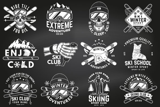 滑雪冬季运动复古徽章套装，绘制在黑板上。矢量图。适用于T恤、印刷、印章或带有滑雪眼镜、骷髅、骷髅手握滑雪杖的设计概念。家庭度假、活动或旅行。适合用于标志设计、补丁。图片下载