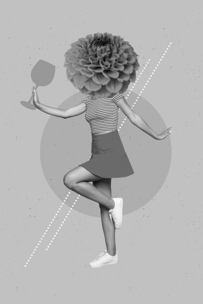 创意照片拼贴艺术，极简设计的年轻无头女性，手持酒杯，花朵绽放，第一次约会，孤立在涂成米色的背景上。图片下载