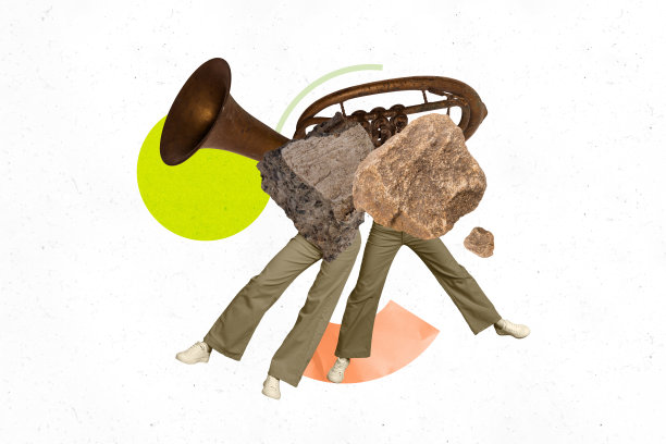 趋势艺术复合横幅 3D 照片拼贴，展示音乐家、乐器、音乐管、石头支架和两个人腿部模特摆姿势图片下载