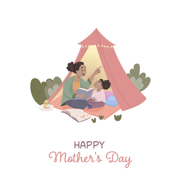 母亲节。一张方形卡片，非裔美国母女坐在帐篷里阅读。图片下载