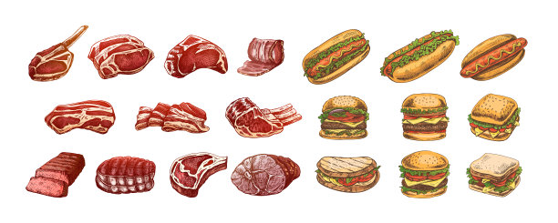 手绘的彩色和单色肉类、牛排、鸡肉、烤肉串、培根、嫩肉、猪肉、牛肉、火腿、烧烤的素描合集。复古插图。图片下载