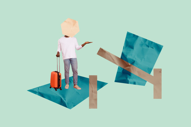 趋势艺术合成横幅 3D 照片拼贴，无头年轻人手持行李箱，准备前往旅行目的地度假。图片下载