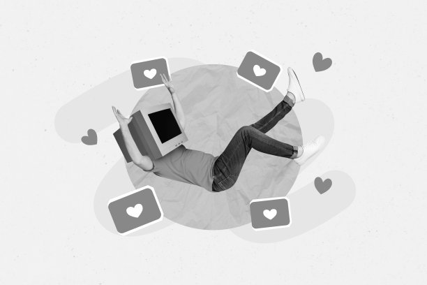 创意照片拼贴插图，搞笑的无头男士用显示器代替头部，跌入点赞中，背景为柔和的色彩。图片下载
