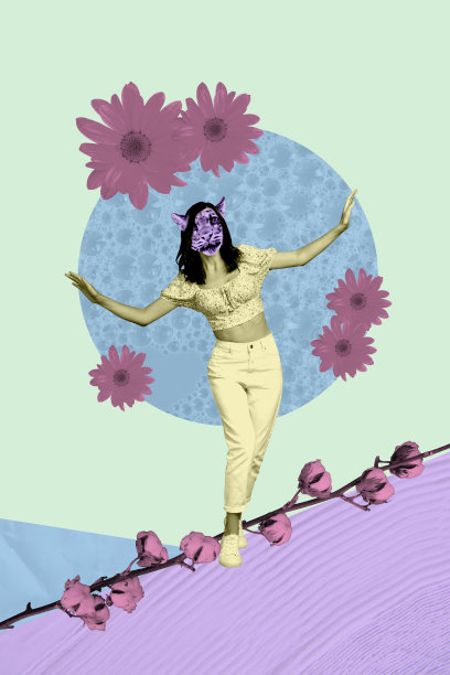 海报图像，垂直照片拼贴，匿名男子的头部嘴唇扭曲，牙齿美白，配有大丽花和吉他仿制品。图片下载