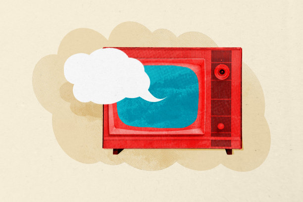 独特的艺术横幅拼贴，包含复古电视、3D电影、广播气泡、通讯新闻图标、频道新闻节目和云彩。图片下载