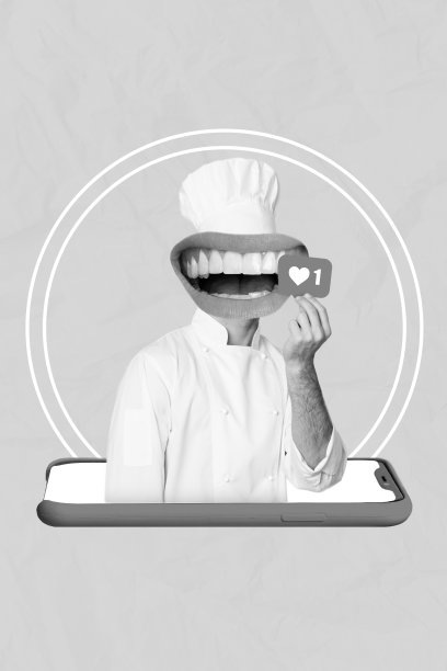 创意照片拼贴，展示一位厨师在抽象智能手机屏幕内，沉迷于追求受欢迎度和点赞，背景为蓝色涂鸦。图片下载