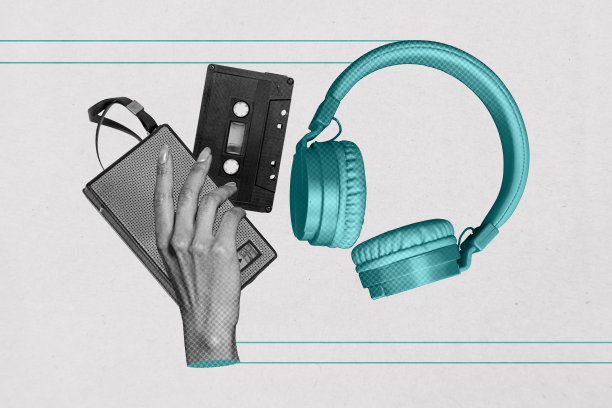 趋势艺术横幅素描照片拼贴，耳机听音乐，收音机，卡带，手持，夜晚，无忧无虑的活动，夜总会娱乐图片下载