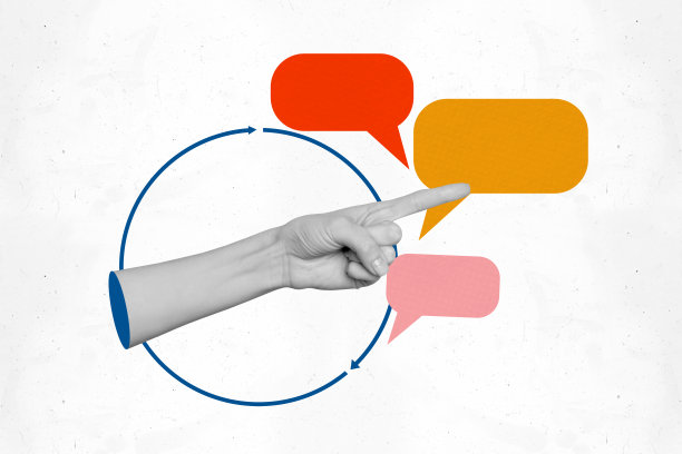 手势设计趋势海报，照片拼贴展示手指指向方向的聊天云、短信消息应用和箭头循环。图片下载