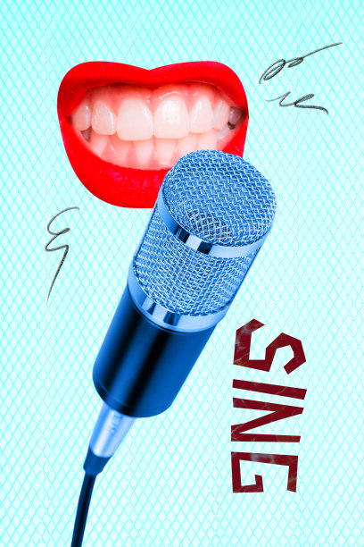 3D照片拼贴模板趋势艺术作品，包含嘴唇、牙齿、唱歌、麦克风、音乐会、夜晚场合、派对、无忧无虑的周末海报图片下载