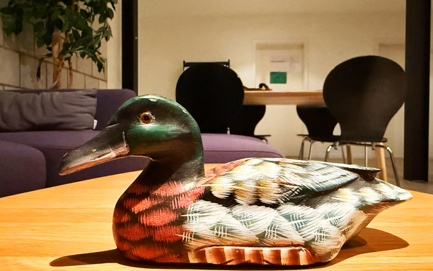 现代办公室的木桌上摆放着手绘木制鸭子雕像，背景有椅子、沙发和植物。图片下载