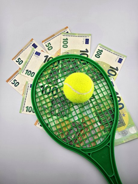 照片展示了一把玩具网球拍和一个球放在欧元纸币上。图片下载