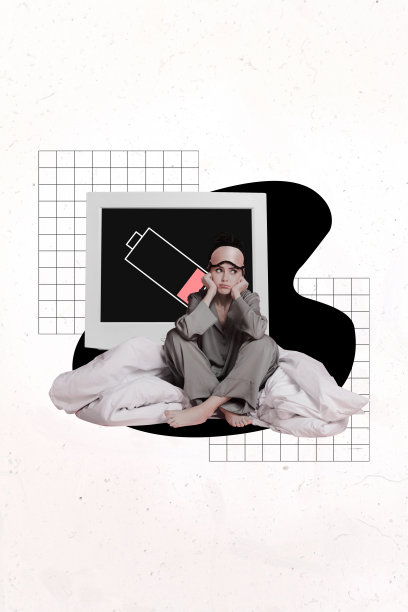 垂直照片拼贴，表现一个沮丧的女孩，电池电量低，裹着毯子，穿着睡衣，戴着面具，参加睡衣派对，显得疲惫，背景为涂鸦风格。图片下载