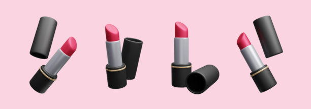 红色口红套装 3D 真实感矢量插图。奢华优雅的黑色口红盒，美容化妆品。唇彩，唇膏 韩国护肤治疗 3D 矢量套装。图片下载
