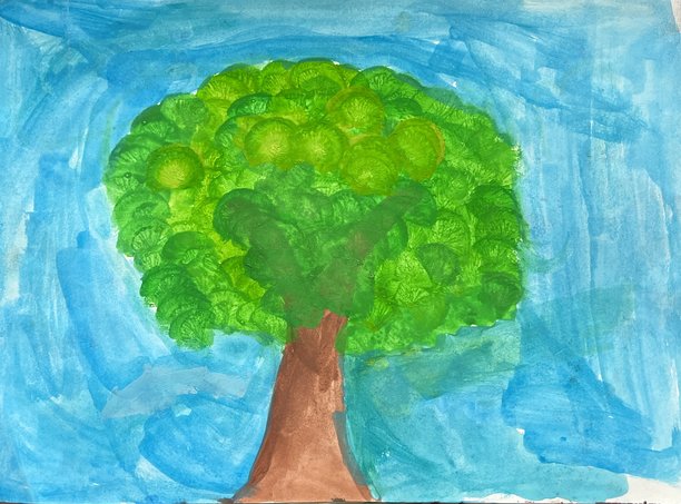 树木和山脉的风景。创意抽象手绘背景，壁纸，纹理，丙烯画布上的刷子笔触特写片段。现代艺术。当代艺术。图片下载