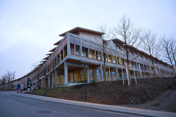 瑞士苏黎世儿童医院木质外观的冬季傍晚美景。照片拍摄于2025年2月8日，瑞士苏黎世。图片下载