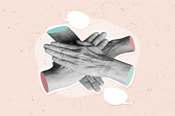 人们手握在一起的合成照片拼贴，展示团队合作，带有文本框讨论，背景为涂鸦风格。图片下载