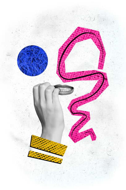 无脸匿名女性的垂直照片拼贴，嘴唇、牙齿、咬手指，表现出恐慌、困惑、恐惧和压力，背景为涂鸦风格。图片下载