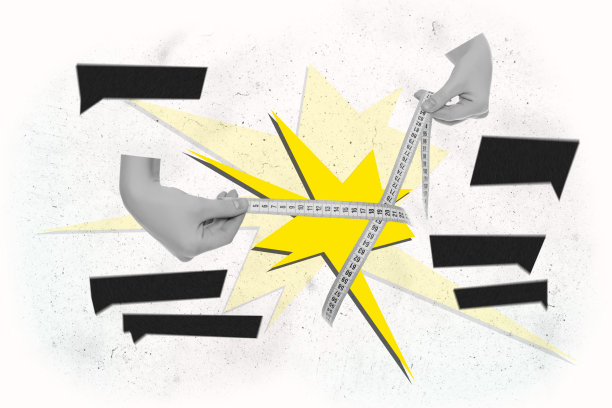 手持测量带的复合照片拼贴，厘米参数，闪光饮食控制，体重缝纫，孤立在涂漆背景上图片下载