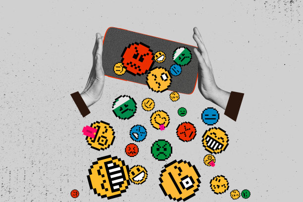 手握iPhone设备屏幕的情感表情拼贴照片，微笑的社交网络媒体，背景为涂鸦风格。图片下载