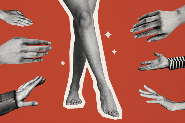 女性性感腿部的拼贴照片，走在时尚秀上的明星们的手想要触碰，挑逗性赤脚，孤立在涂鸦背景上。图片下载