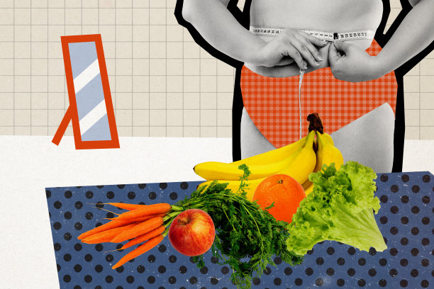 创意照片拼贴，女孩内裤、腹部测量参数、果蔬排毒饮食、模特加大码，孤立在彩绘背景上图片下载
