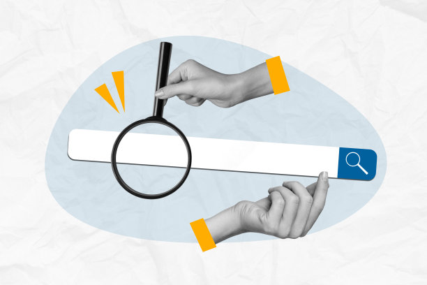 复合照片拼贴，手握标签图标，互联网网站放大镜，互联网标签搜索镜头，背景为涂鸦风格。图片下载