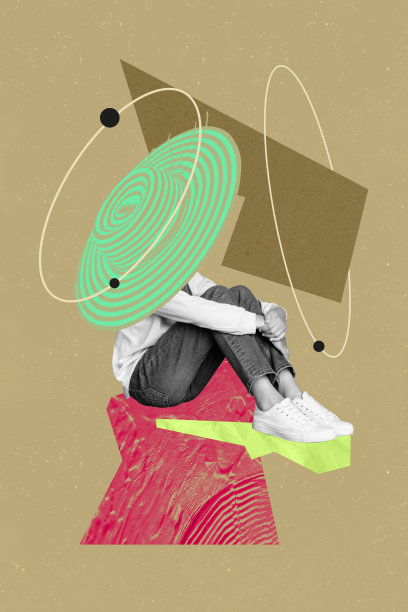 垂直照片拼贴，坐着的无脸女孩，戴着太阳帽，旅行者，旅程，沮丧，无头，轨道旅行者，绘画背景图片下载