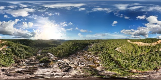 用无人机拍摄的360度全景照片，展示了伯利兹山松岭森林保护区的里奥温泉。图片下载