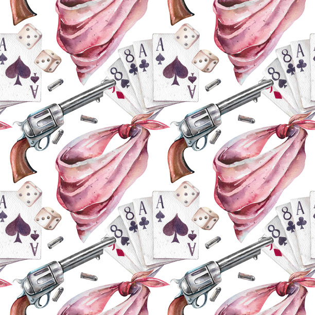 牛仔围巾、柯尔特手枪、扑克、扑克牌和骰子的水彩无缝图案图片下载