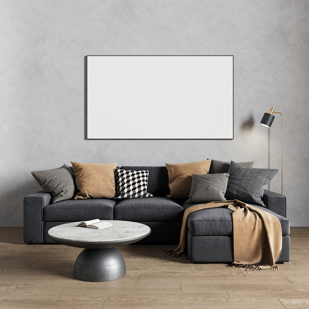 客厅沙发上方的空框架，用于放置图片或照片。3D渲染。图片下载