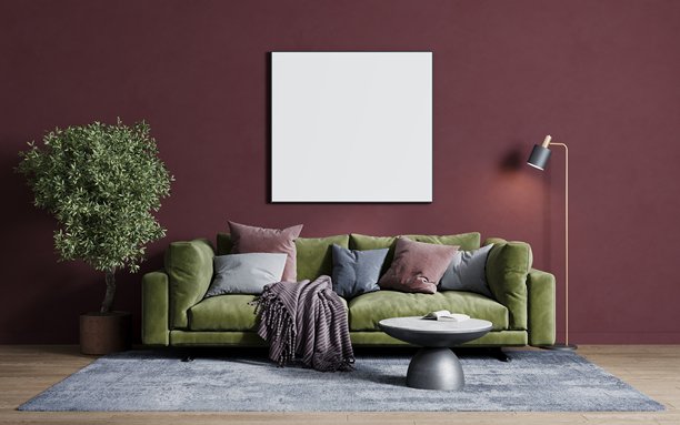 客厅沙发上方的空框架，用于放置图片或照片。3D渲染。图片下载