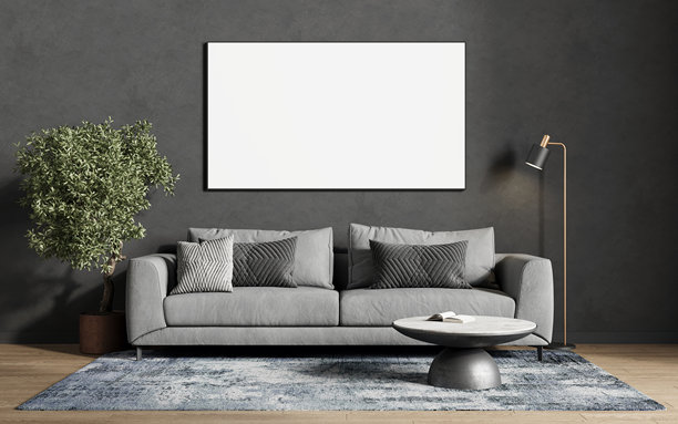 客厅沙发上方的空框架，用于放置图片或照片。3D渲染。图片下载