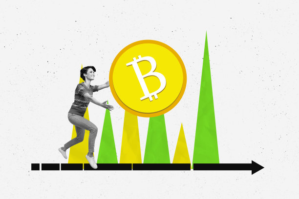 快乐女性跳跃抓住巨大的比特币金色加密货币硬币交易箭头向前，背景为涂鸦风格的合成照片拼贴。图片下载