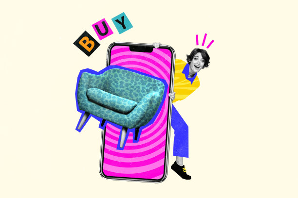 快乐惊讶女孩的拼贴照片，手持大屏幕iPhone，坐在扶手椅上，购物买东西，顾客促销广告，背景为涂鸦风格。图片下载