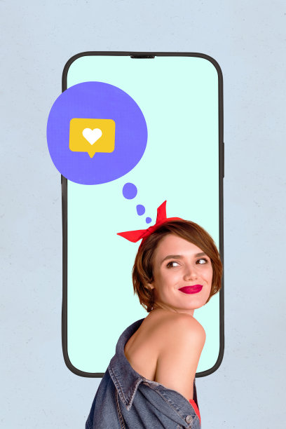 梦幻女士在孤立的蓝色背景下享受使用苹果三星iPhone设备的时刻的杂志拼贴图片图片下载