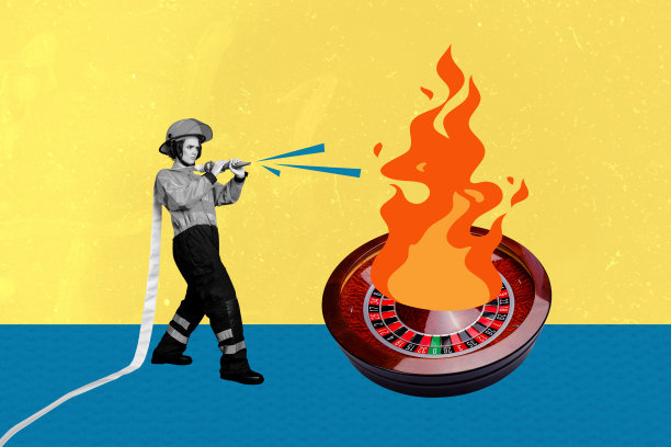 穿着消防员制服的严肃女孩的拼贴照片，背景为涂鸦风格，旁边有水、火焰、轮盘游戏和扑克赌场元素。图片下载