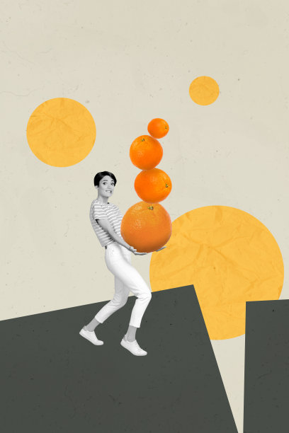 趋势艺术素描合成照片拼贴，黑白剪影年轻强壮的女士双手抱着一堆橙子，站在悬崖边缘。图片下载