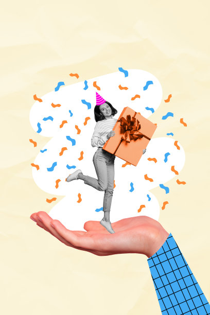 年轻快乐的女性竖版抽象照片拼贴，手持礼物盒庆祝生日派对，搞笑的五彩纸屑。图片下载