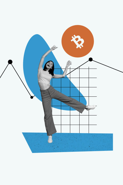 年轻快乐的女孩在棋盘背景前，兴奋地展示比特币图表的创意竖向照片拼贴。图片下载