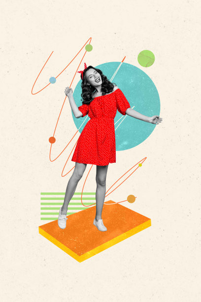 黑白剪影年轻迷人女性穿红色裙子的3D照片拼贴艺术作品图片下载