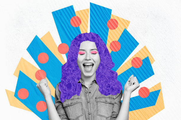 创意艺术作品合成照片拼贴，表现一位兴奋的女性，紫色纸发，尖叫着赢得大奖，背景为涂鸦风格。图片下载