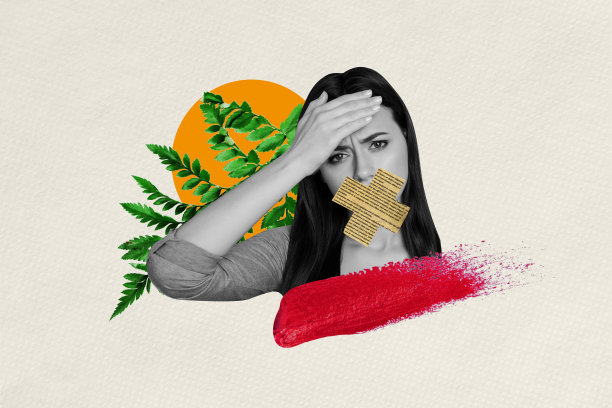 年轻愤怒女性的合成趋势艺术草图，3D照片拼贴，背后有绿色植物叶子，因头痛而捂住头部。图片下载